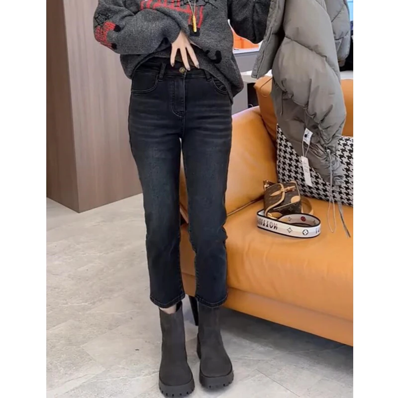 2025年秋冬新款小个子高腰百搭直筒牛仔裤女大码弹力显瘦烟管裤
