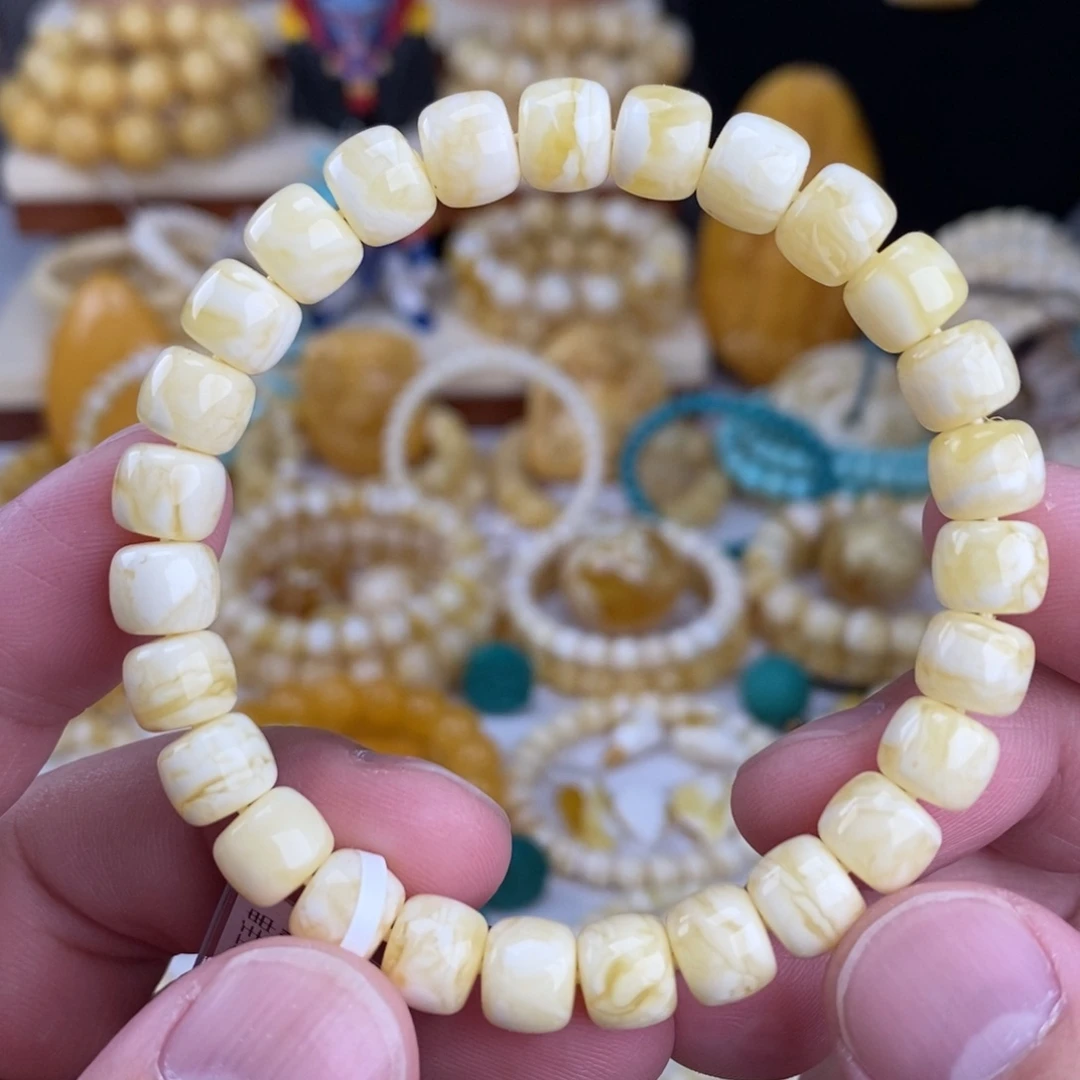 蜜蜡未镶嵌手链瓷白细纹虎皮8.5mm