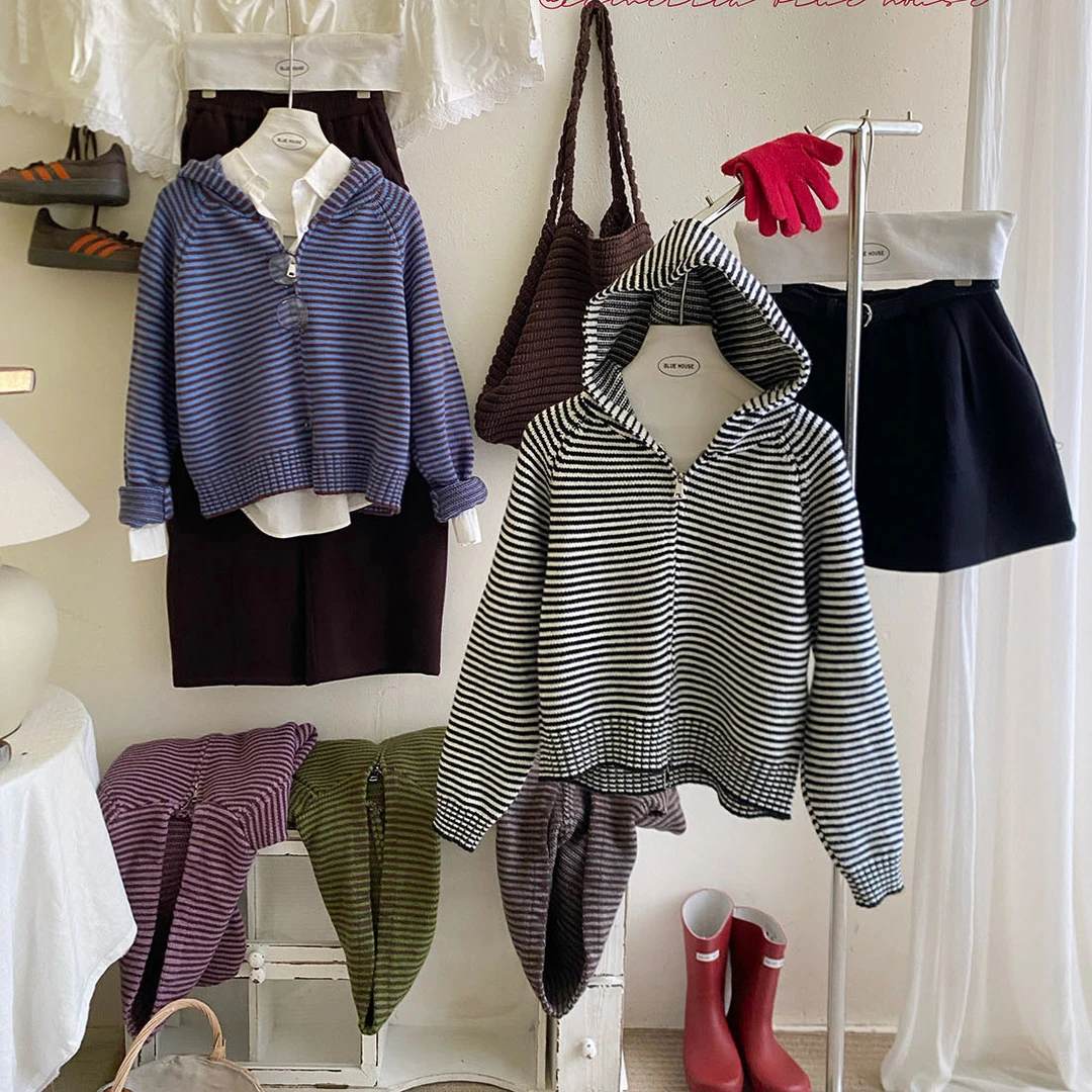 复古条纹撞色连帽针织开衫女秋冬韩系双拉链休闲宽松显瘦外套毛衣