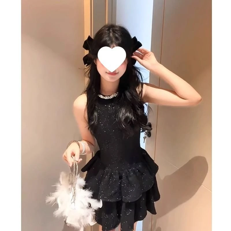 小香风细闪收腰连衣裙夏季富家千金生日礼服高级感无袖蛋糕小黑裙