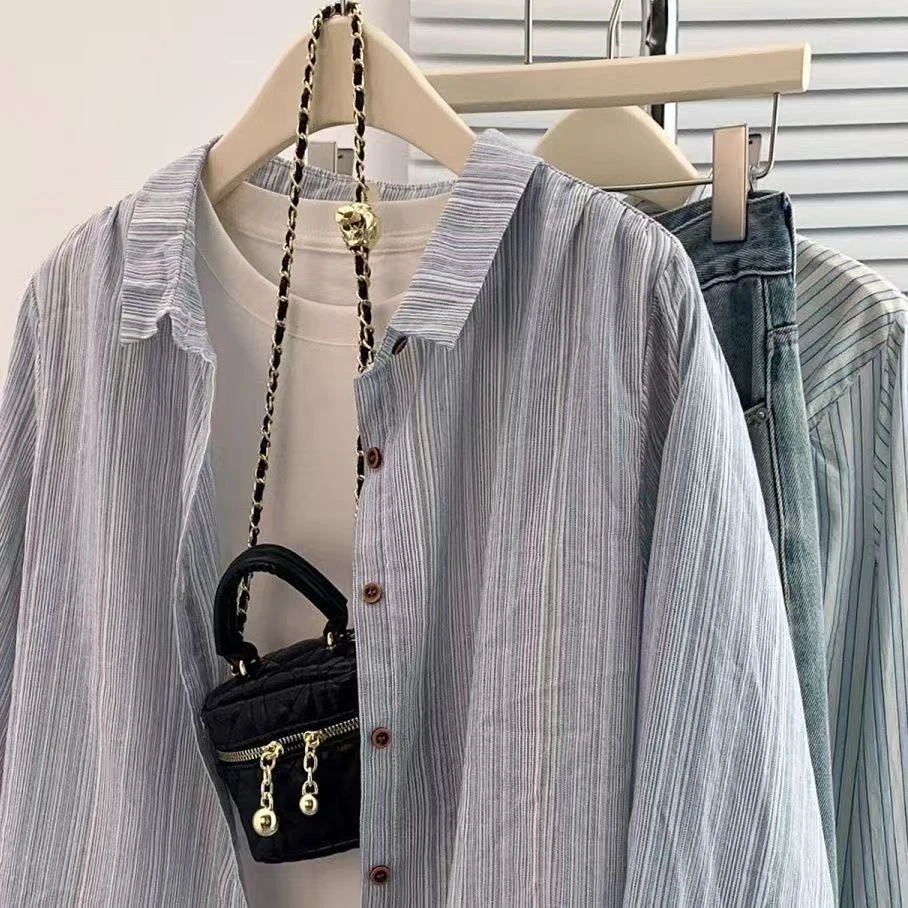 极简百搭衬衣纯棉气质宽松春季韩版设计感显瘦时尚蓝色条纹衬衫