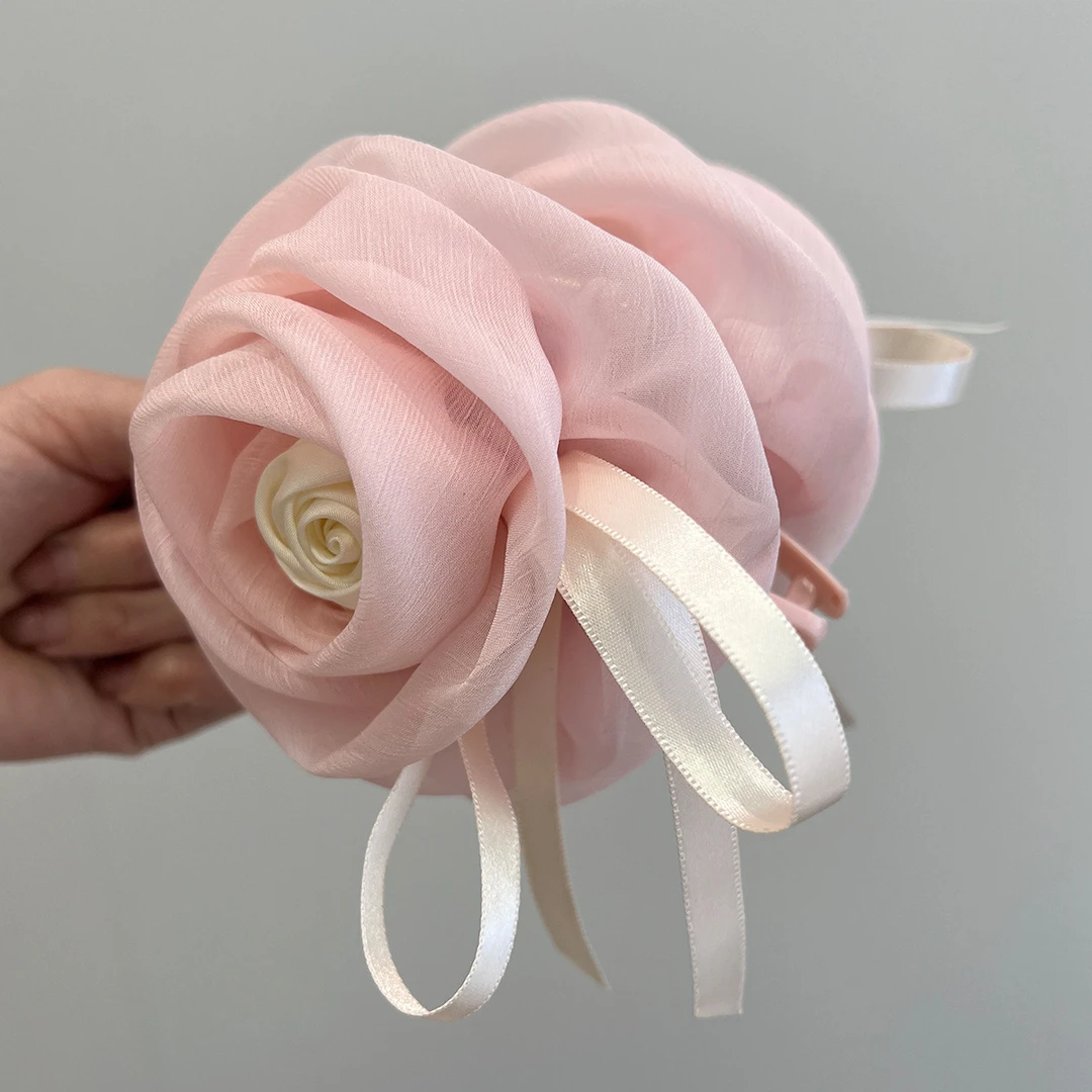 玫瑰蝴蝶结大号盘发抓夹后脑勺显发量多蓬松网纱发夹女高端鲨鱼夹