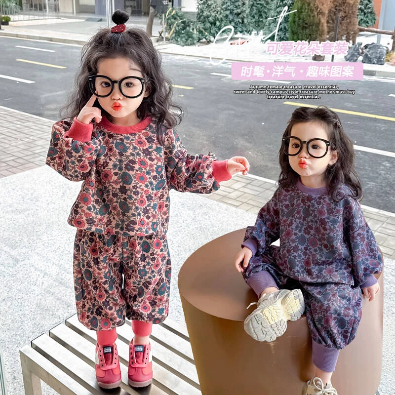 女童碎花套装2025新款洋气儿童圆领卫衣长裤时髦两件套女宝宝春装