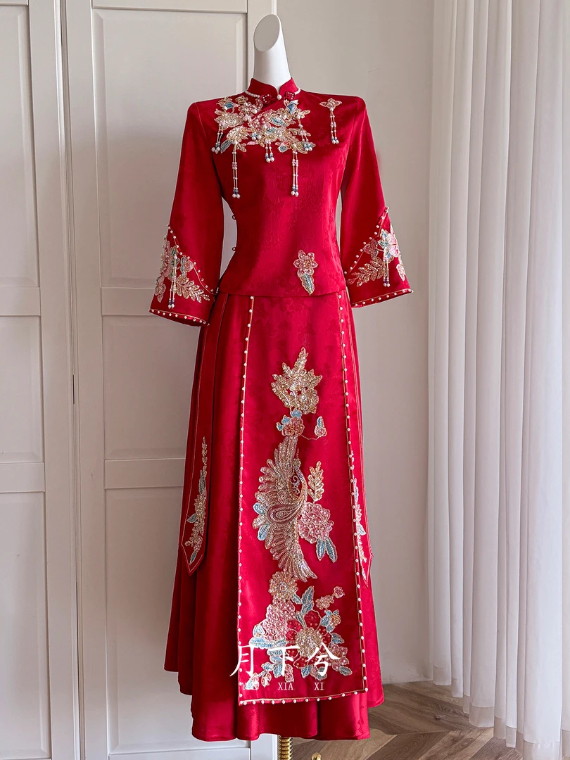 【月下兮-忠然】新中式订婚礼服敬酒服新娘高端结婚出阁服嫁衣女