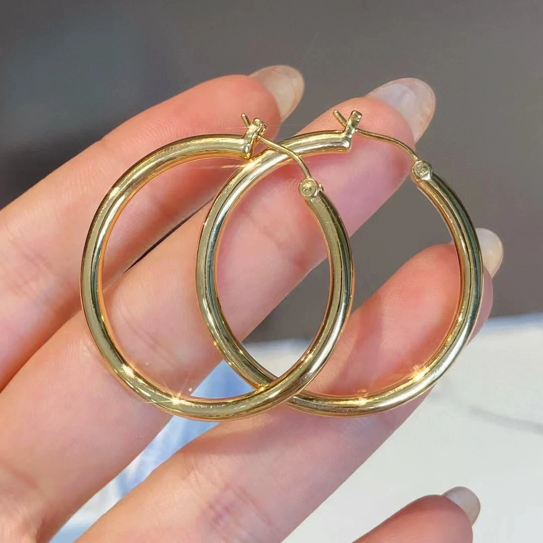 18K金大圆月耳环36mm时尚气质简约百搭个性欧美光面大耳圈