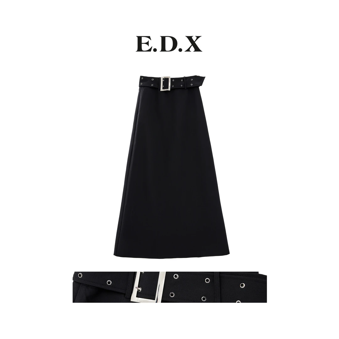 EDX春季新品黑色后开叉半身裙女设计款小众高级a字腰带长裙300204