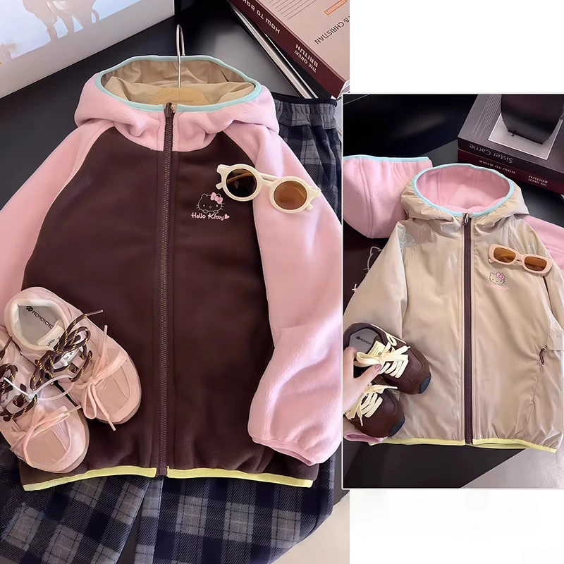 女童薄绒双面穿外套深秋2025新款卡通刺绣冲锋衣摇粒绒校服神器潮