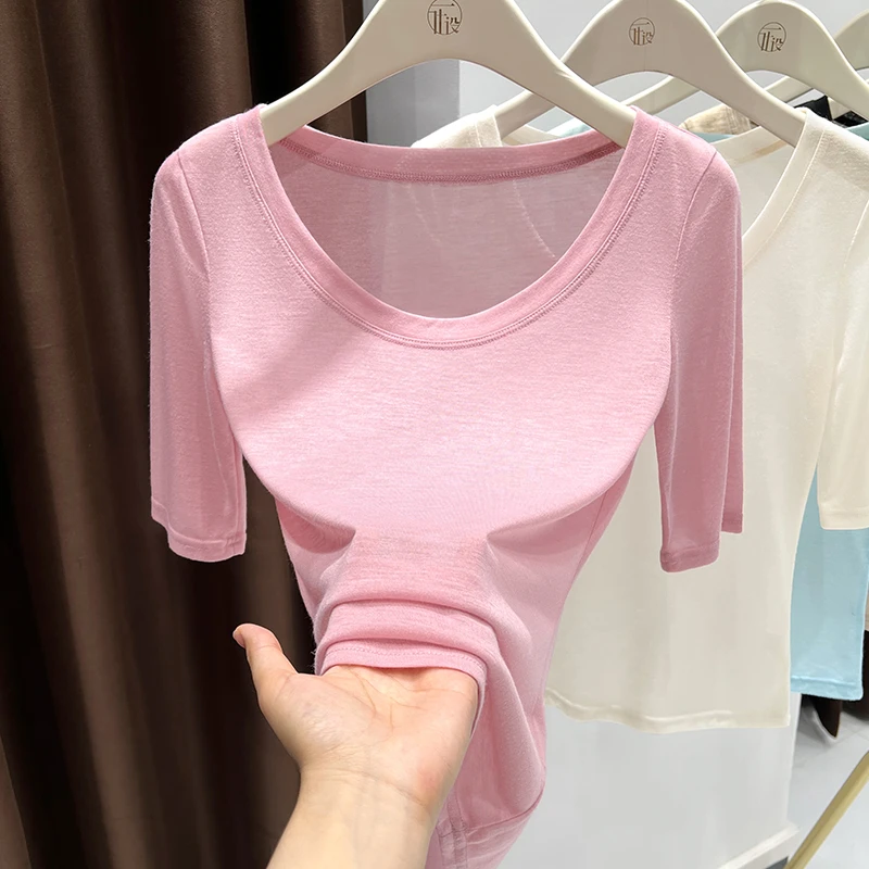 超薄面膜冰丝大领口中袖打底衫女内搭黑色上衣五分袖t恤2025新款