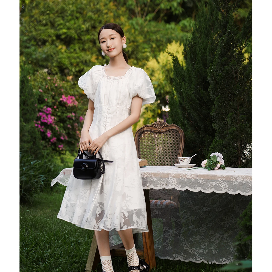 V.kekou夏季高腰蝴蝶袖收腰连衣裙显瘦假日风L2495321