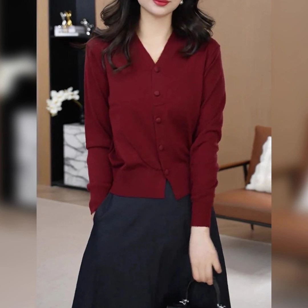 安可拉红法式领设计感洋气针织开衫显瘦通勤长袖时尚上衣百搭女