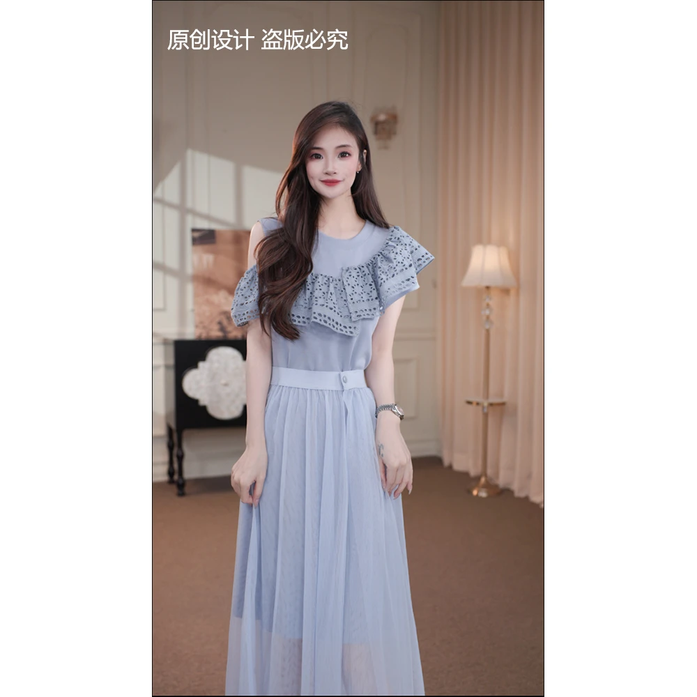 宁宁·韩系女主·夏季新款法式气质漏肩拼接花边显瘦连衣裙