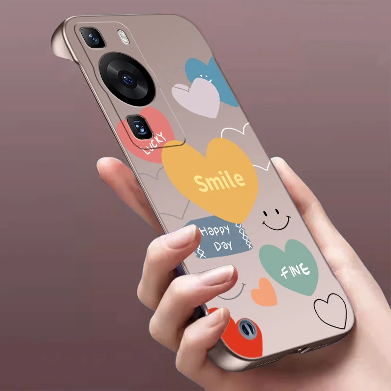 适用华为P60手机壳无边框爱心笑脸超薄时尚网红金属漆散热保护套