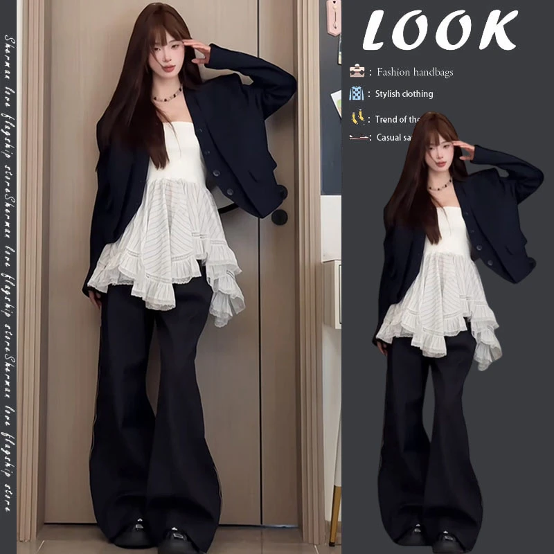 时尚穿搭女2025新款韩版西装外套不规则花边抹胸上衣阔腿裤三件套