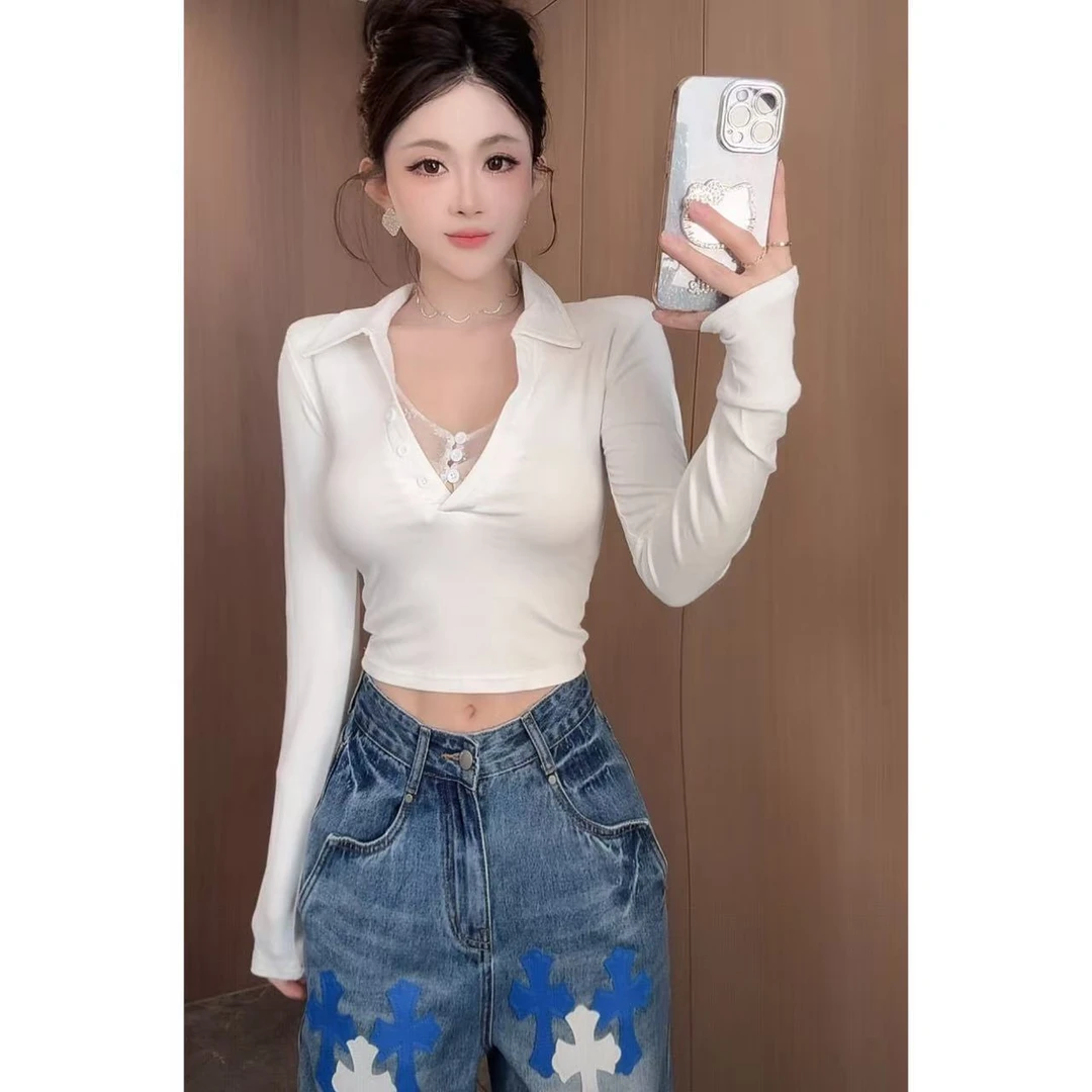 曼曼【纯欲加持】蕾丝假两件掐腰polo领长袖T恤女
