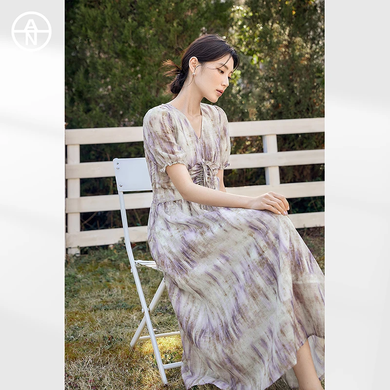 AN大码女装【紫霓裳】法式浪漫晕染连衣裙夏季微胖mm度假风茶歇裙