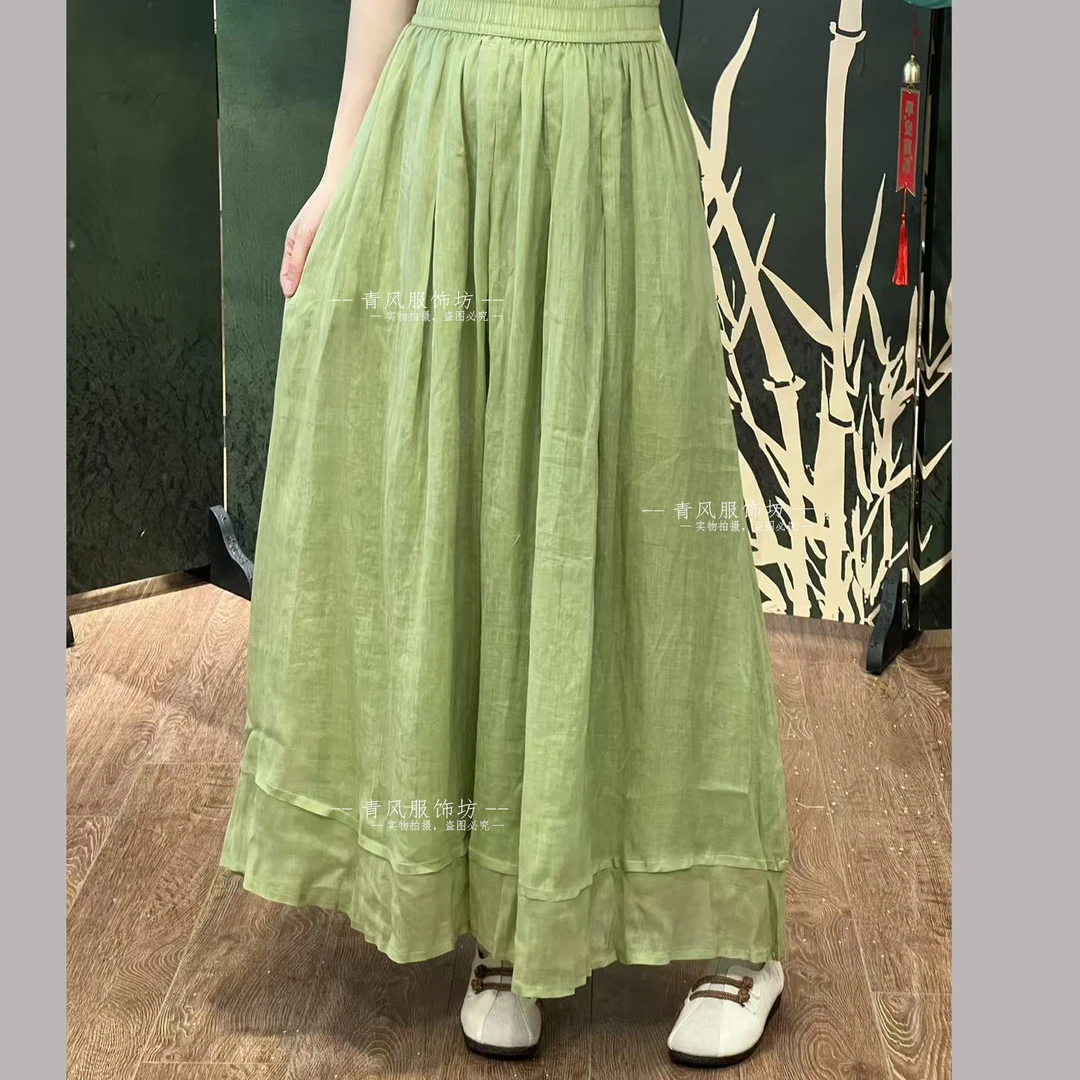 青风】2553 双层苎麻百搭简约纯色仙气春夏文艺复古高腰夏女半身裙