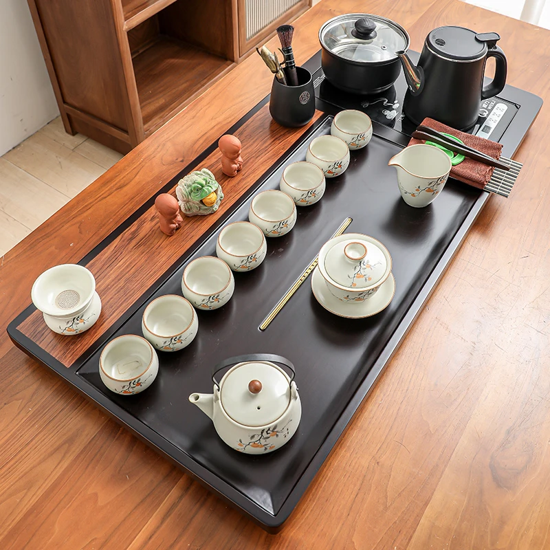 汝窑功夫茶具套装家用陶瓷整套茶盘一体底部上水四合一烧水壶茶台