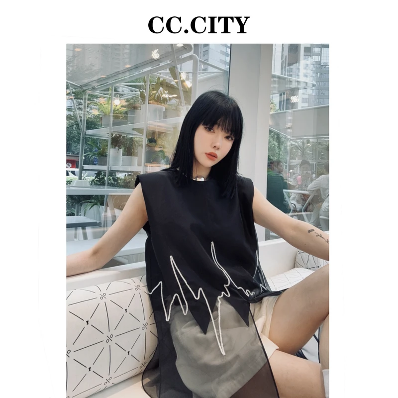 【蔡丽丽&添羽】时尚洋气个性百搭西装拼接欧更纱刺绣长款马甲6x872