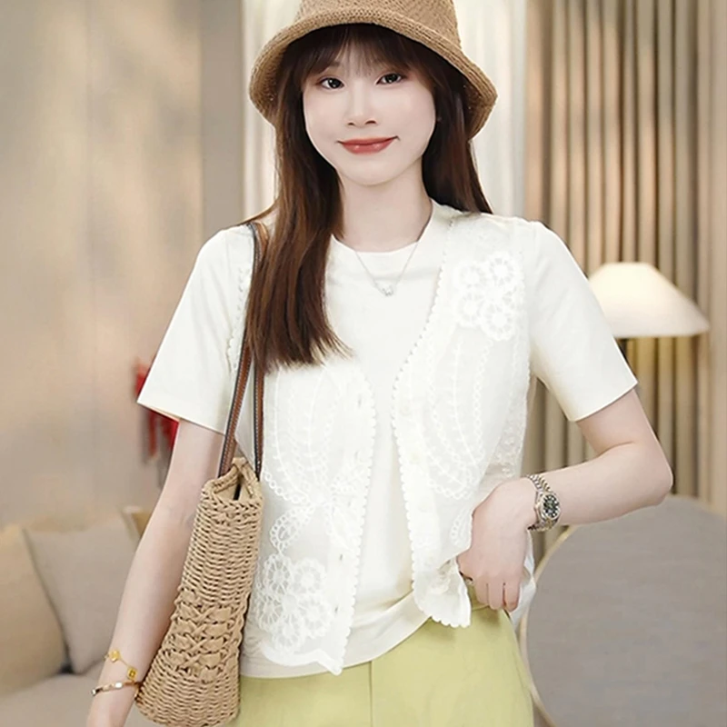短袖女t恤2025新款爆款夏季设计感小众蕾丝假两件上衣女时尚洋气
