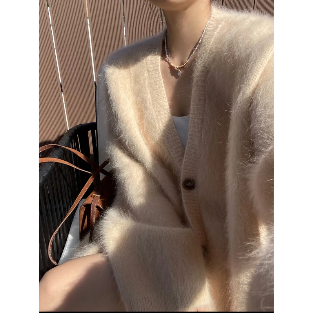 美爆了！慵懒风V领毛衣女秋冬宽松加厚毛茸茸气质针织开衫外套上衣