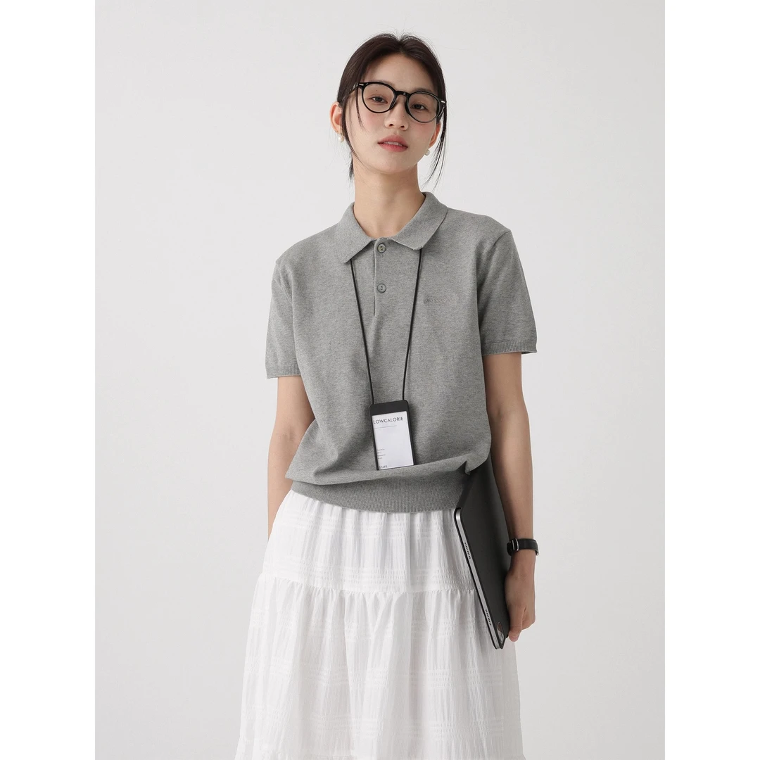 灰色针织polo领正肩短袖t恤女春夏收腰显瘦短上衣高级感小个子