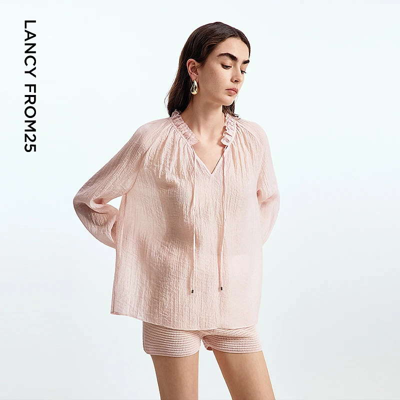 朗姿花边领粉色衬衣上衣气质高级感2025年夏季新款长袖通勤衬衫女