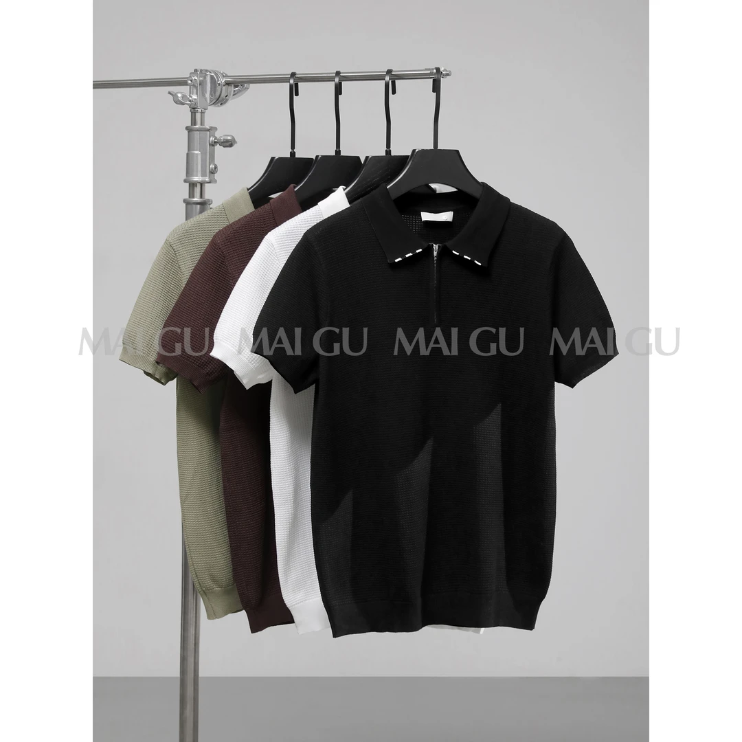 【MAIGU】夏季高定领口虚线撞色拉链设计短袖透气冰感丝POLO针织衫