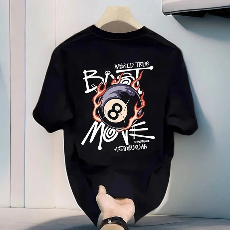 仓石一树爆火黑8时尚印花短袖T恤2025新款圆领上衣百搭男款体恤