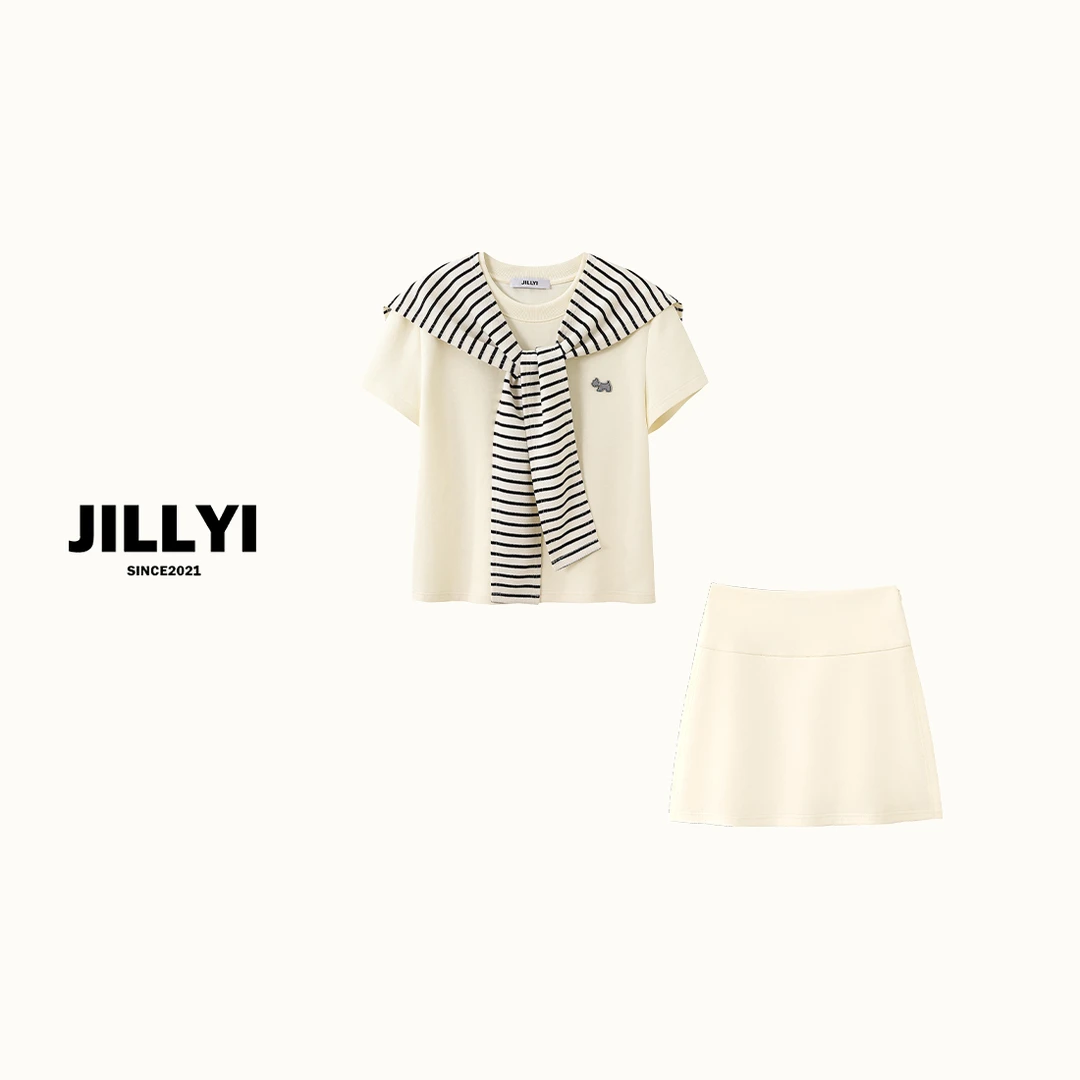 JILLYI珠海店【夏日小清新】白色圆领日系上衣+纯色甜美半裙时尚百