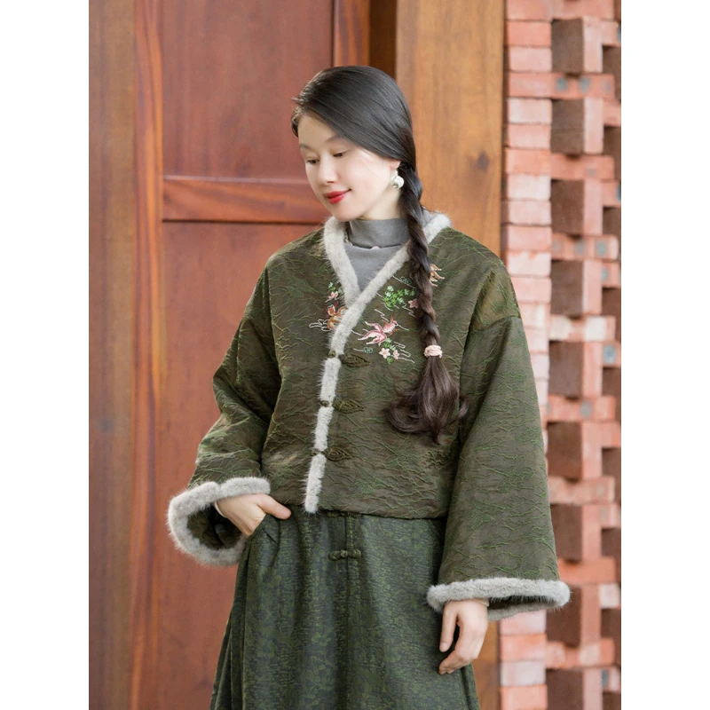 蘭襟【锦鳞杳杳】油丝香云纱夹羊绒片水貂毛手绣棉衣棉袄