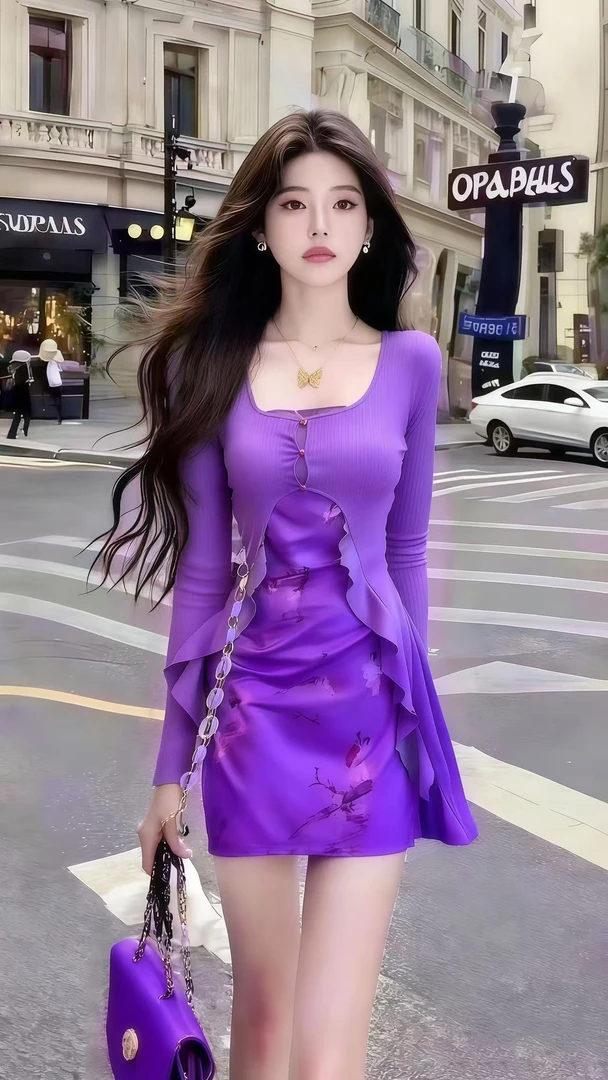 时尚气质名媛纯欲风百搭U领系扣长袖小衫+修身设计感裙子紫色套装