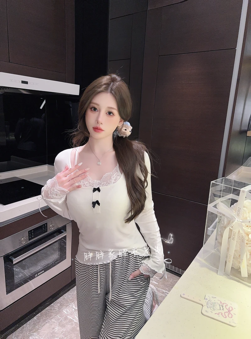 【莉莉甜】代尔棉睡衣带胸垫蕾丝拼接假两件可外穿家居服甜美纯欲风