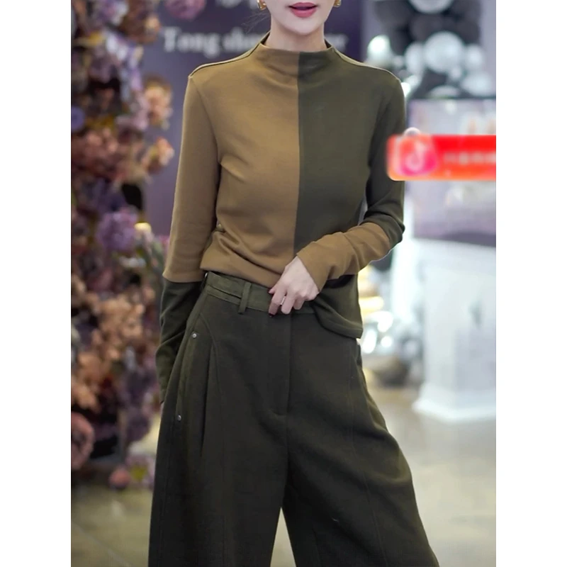 潮牌复古撞色显瘦T恤女2025秋冬新款半高领拼接设计感小众短上衣