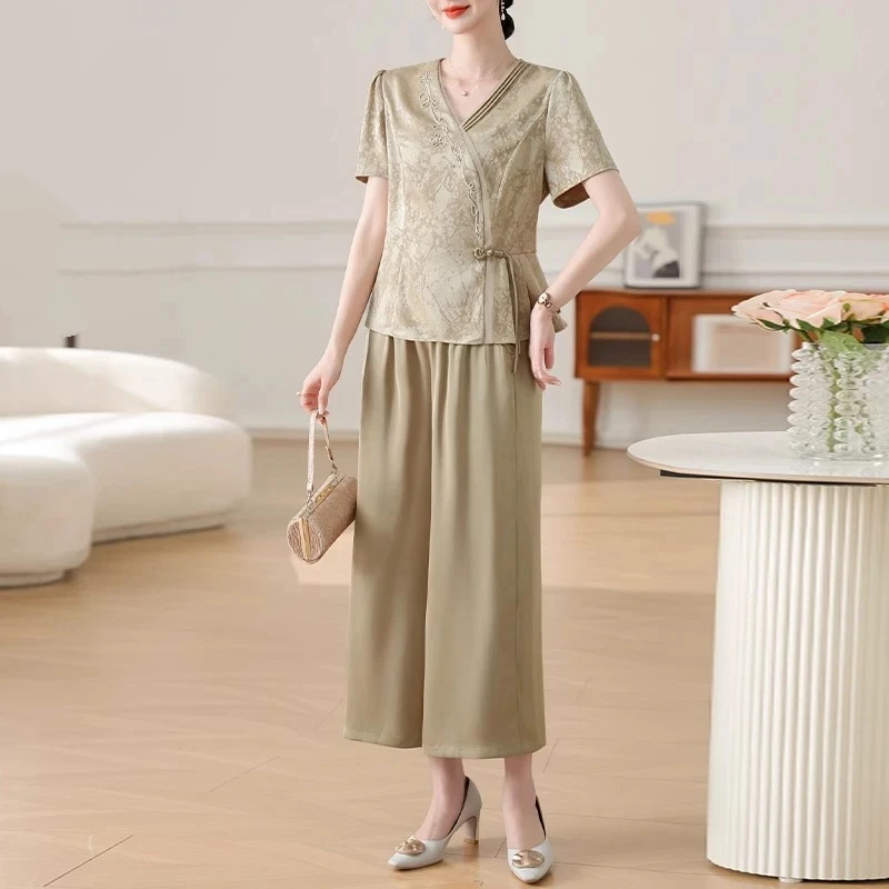 新中式妈妈装夏装新款贵夫人夏季短袖国风套装中老年女装气质上衣