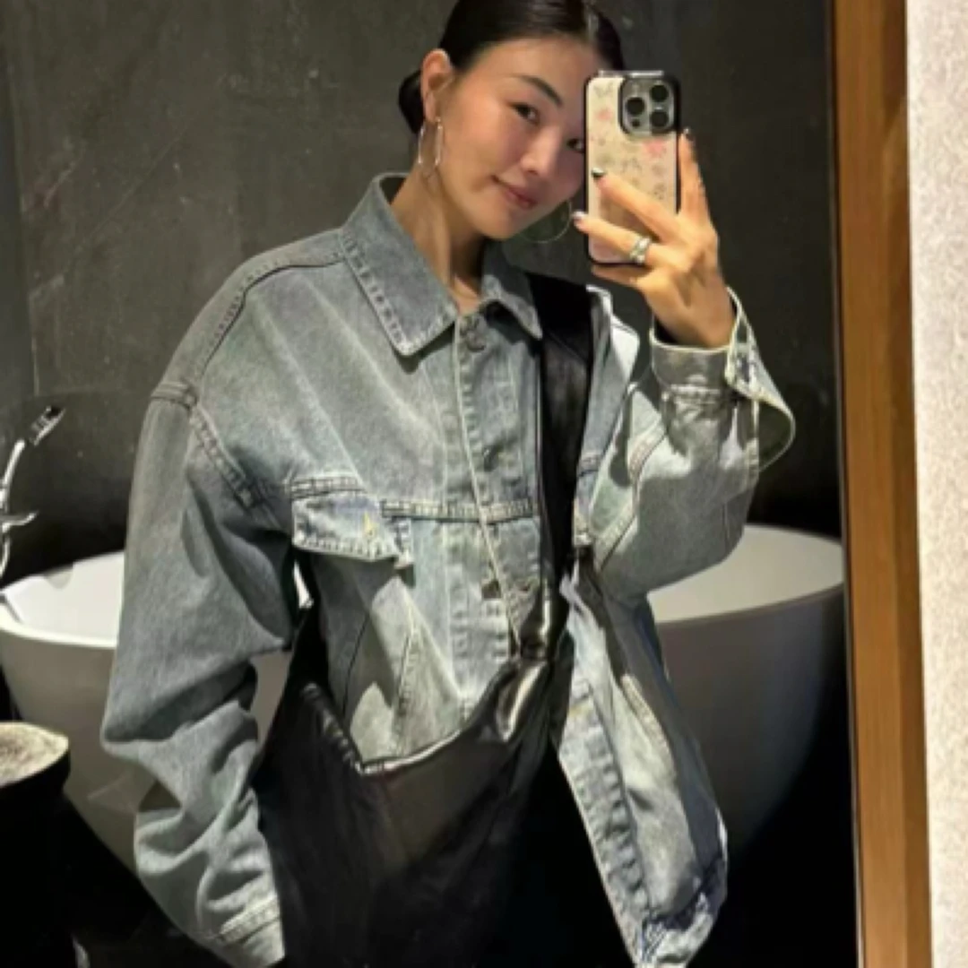 韩国东大门25春mohhe向日葵同款阔版复古蓝百搭短款时尚牛仔外套