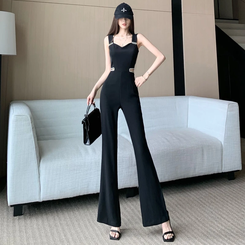 辣妹镂空镶钻直筒连体裤女夏季薄款洋气减龄收腰显瘦背带拖地长裤