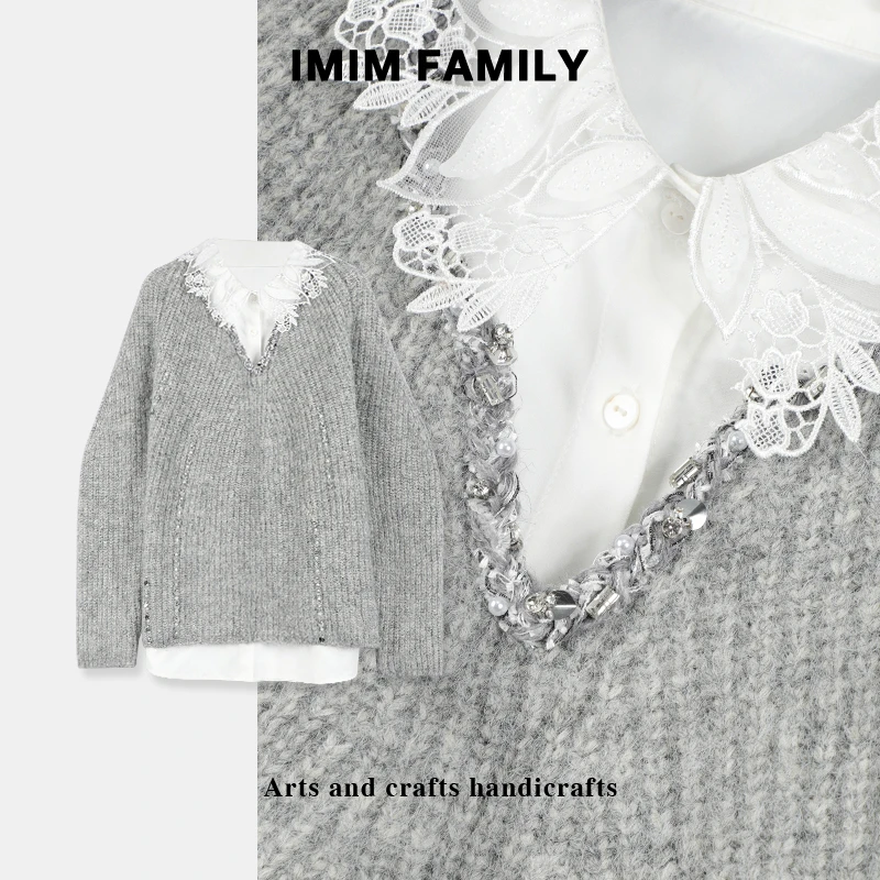 “纸间灰”灰色真两件套衬衫内搭中长款百搭女秋冬时尚气质毛衣