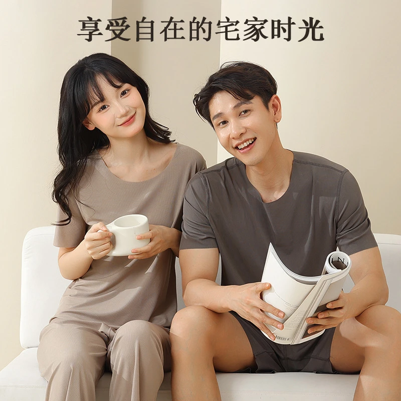 冰丝情侣睡衣套装男女款可外穿
