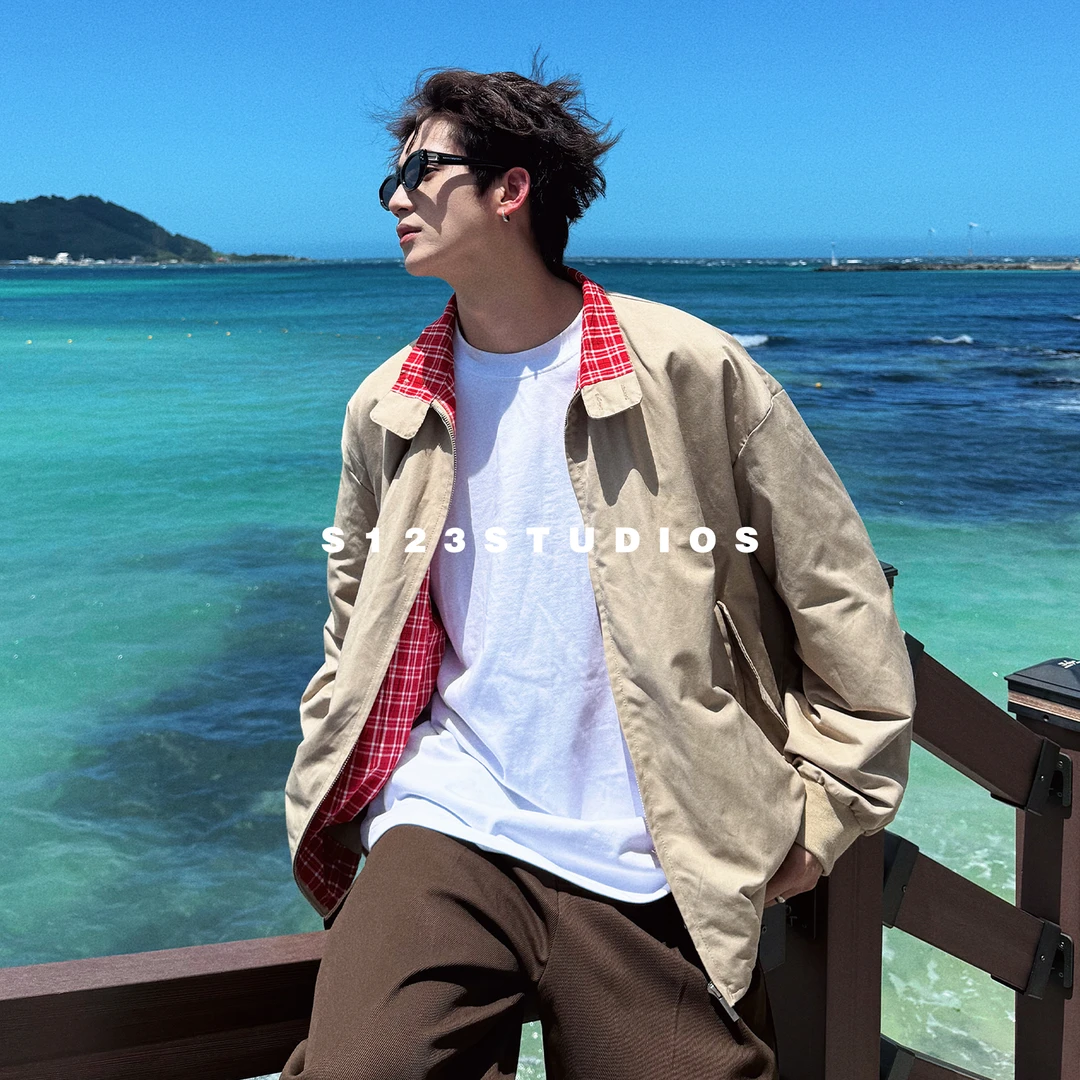 聪明陈S123 niu家80支强捻匹马棉 哈灵顿夹克 红格纹撞色拼接外套