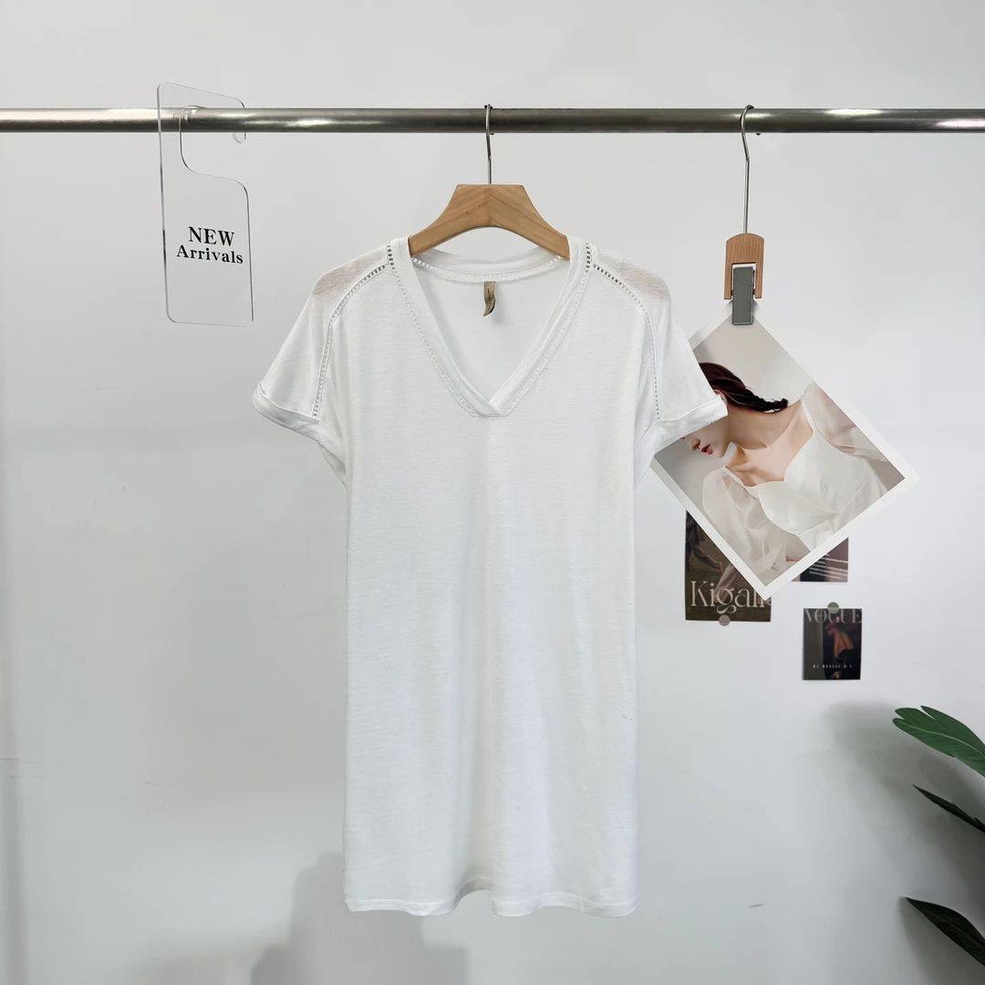 B787新款时尚V领休闲风镂空纯色短袖T恤圆领开叉白色舒适简约263Z