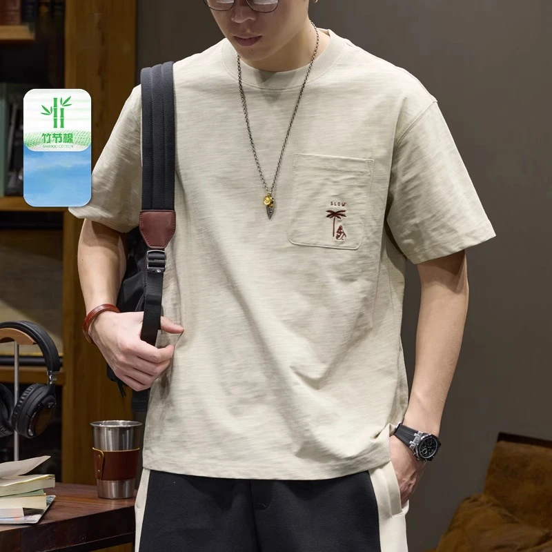LEIGHZ/雷茨重磅竹节棉短袖t恤男士刺绣上衣夏季宽松圆领体恤男