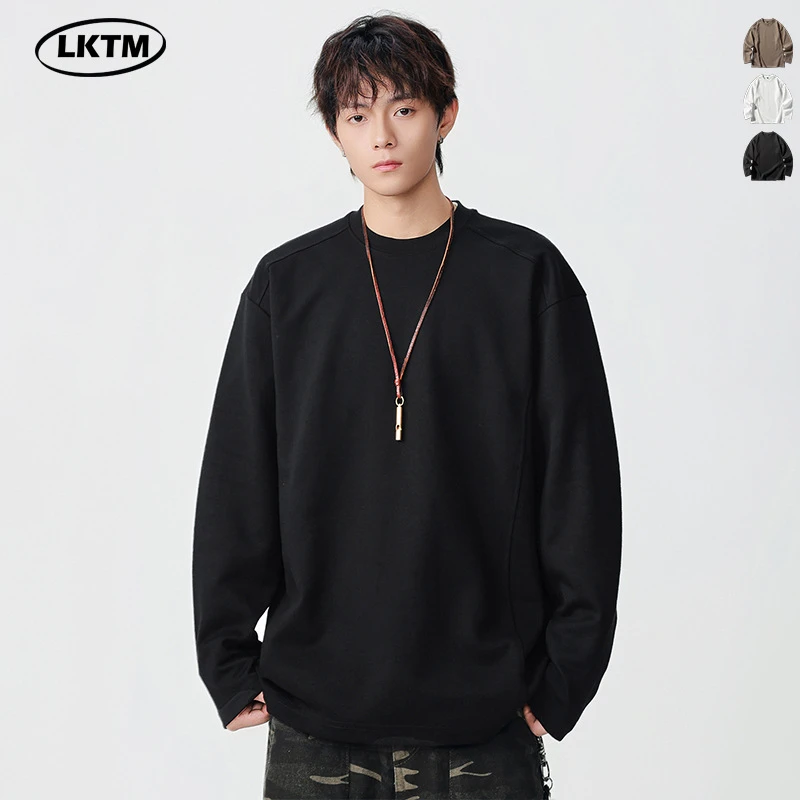 LKTM男装 美式重磅280g立体拼接长袖T恤男宽松简约纯色打底衫上衣