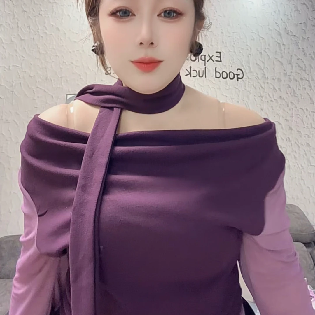 依依家大码女装905纯欲风飘带露肩长袖T恤女修身显瘦设计感上衣