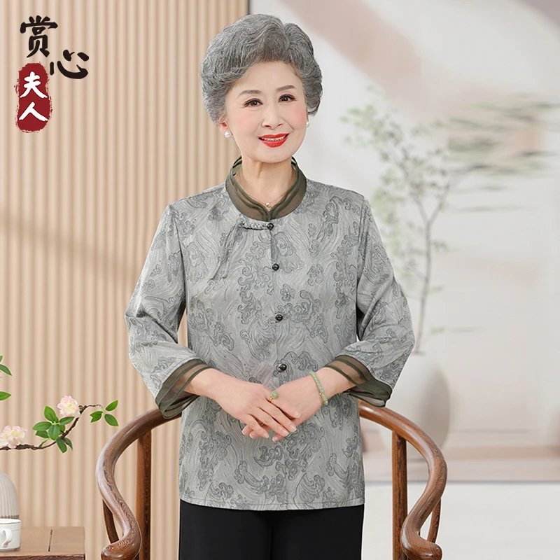 奶奶夏装老年人衬衫妈妈套装春装中国风上衣新款
