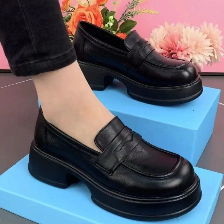 乐福鞋女黑色真皮复工学院风百搭休闲圆头松糕跟jk小皮鞋厚底粗跟
