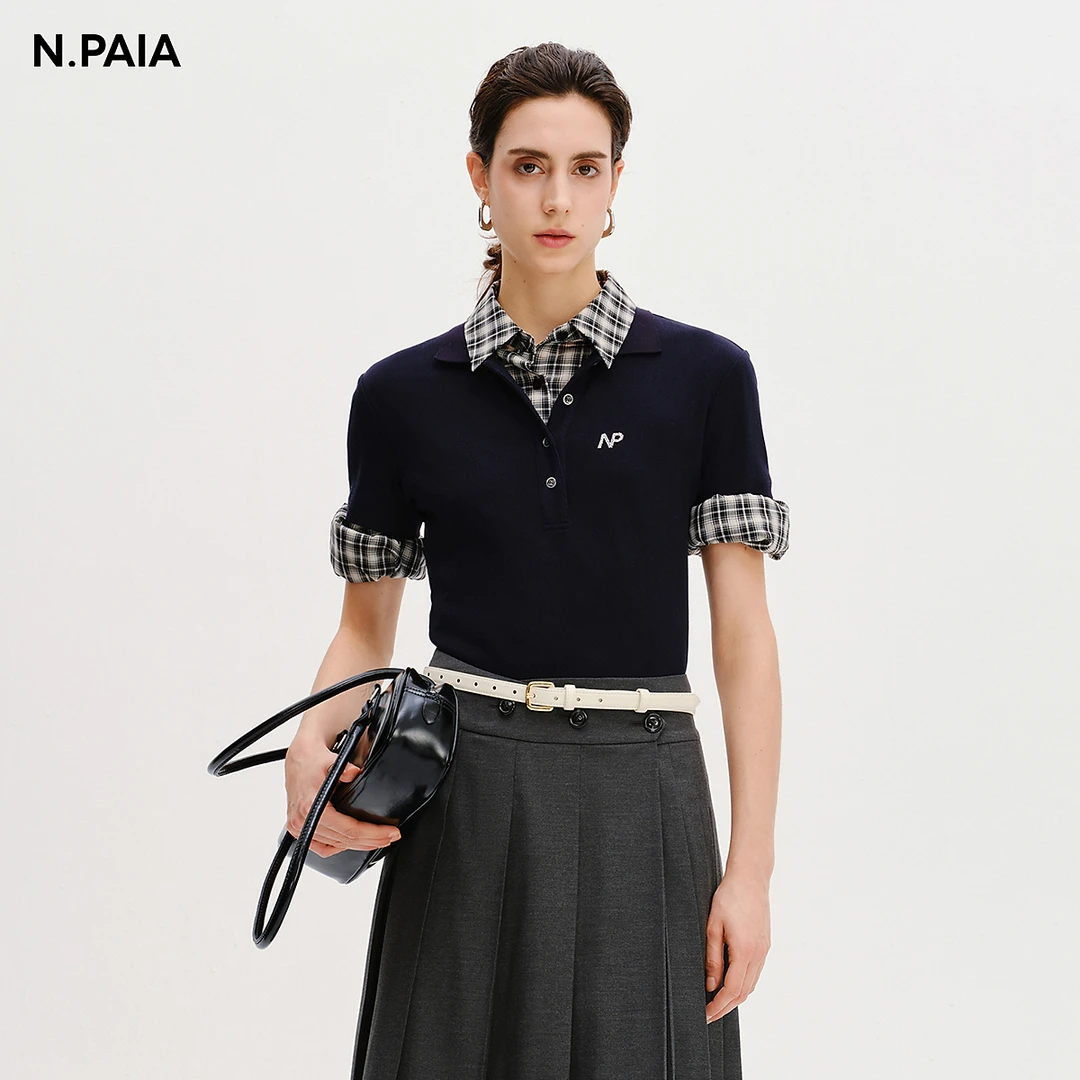 恩派雅2025春新款坑条弹力针织Polo领正肩短袖T恤女XNKPC5337A