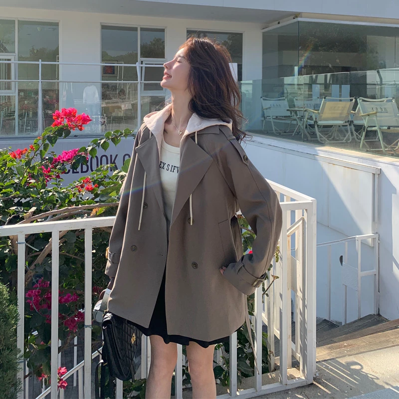 设计感连帽显瘦风衣外套女2025春秋新款chic气质韩系慵懒穿搭开衫