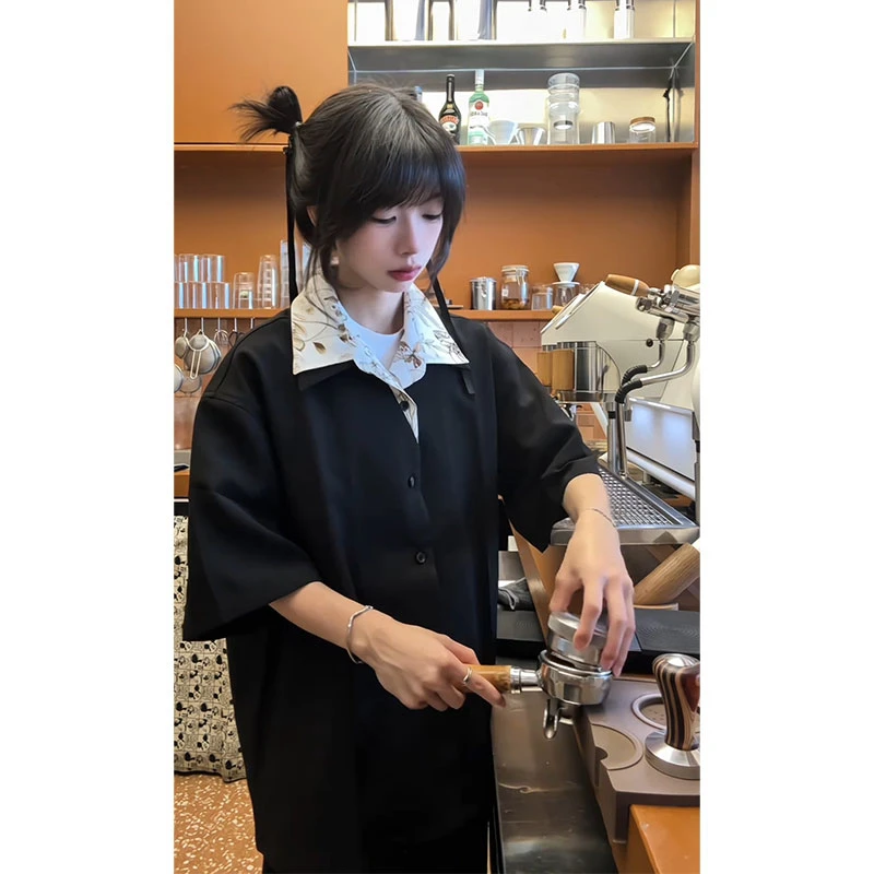 J42 花领假两件短袖衬衫男女夏季痞帅高街潮流半袖