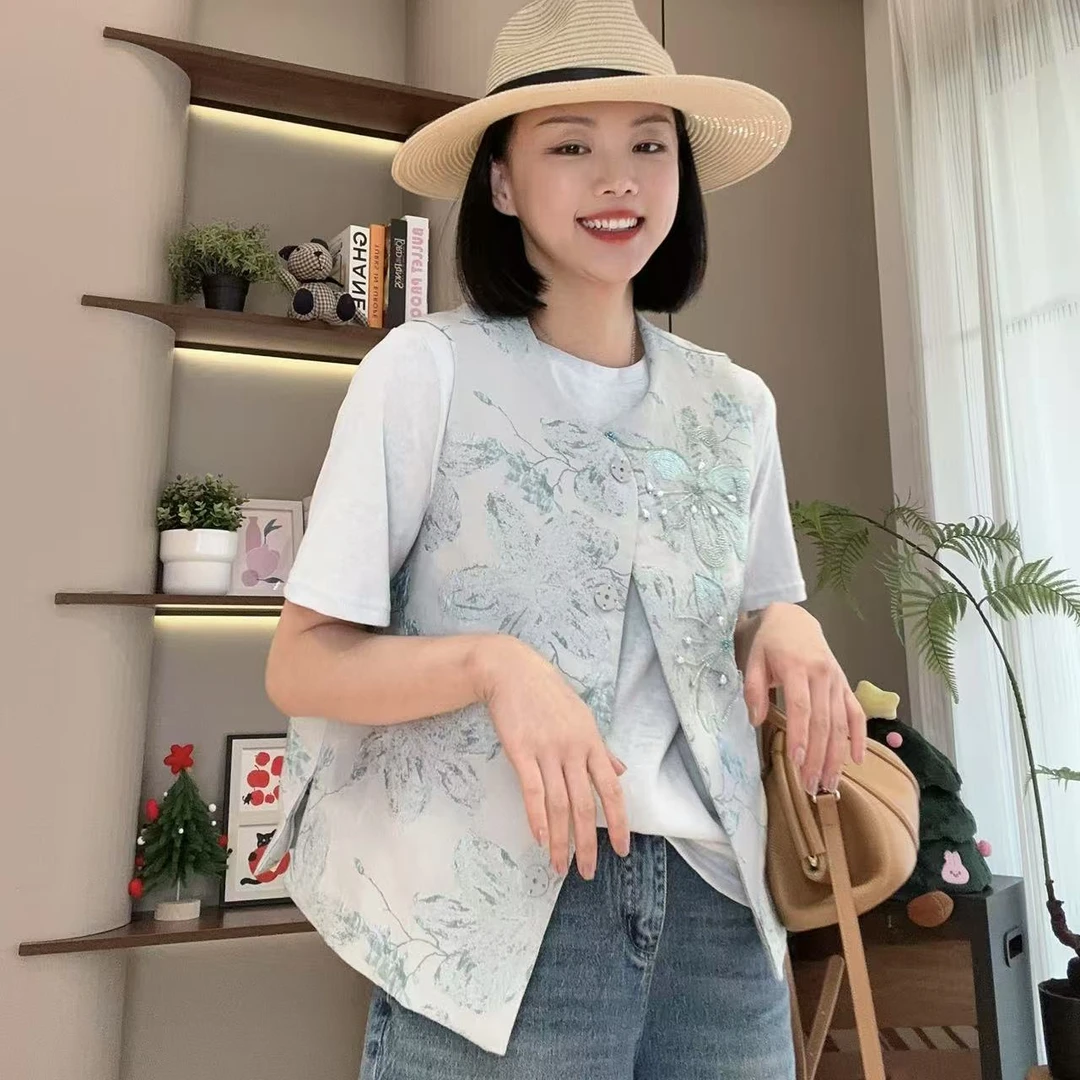 春夏桃花串珠提花国风新中式马甲5-4-4