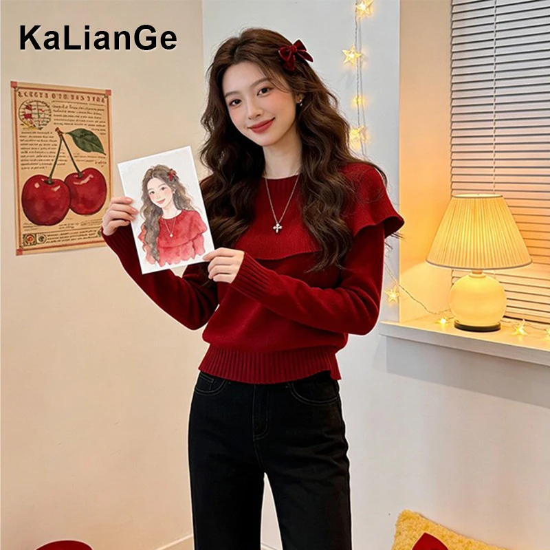 卡莲格/荷叶边本命年高级感软糯毛衣女2026气质绝美新年红色上衣